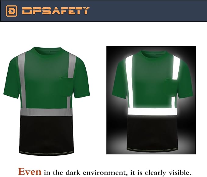 High Visibility Shirts Quick Dry Safety T Shirts with Reflective Strips and Pocket Short Sleeve Mesh Hi Vis Construction Work Class 2 Shirt for Men/Women Black Bottom Green,Medium