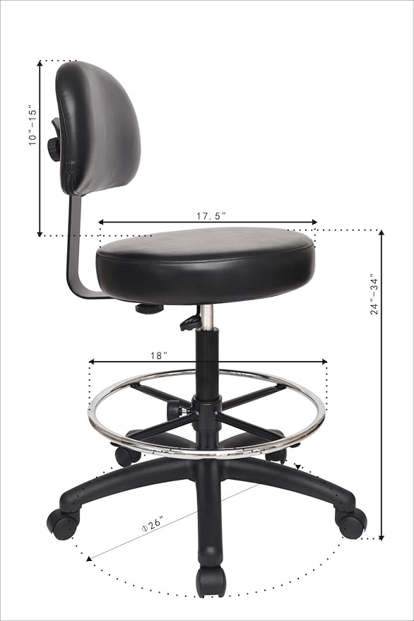 Chair Master Round Vinyl Chair/Stool-Black-for Garage, Counters, Shop, Kitchen, Computer Desks, Drafting Tables. Easy to Clean! (Glides, Tall Bench/Drafting 24"-34")