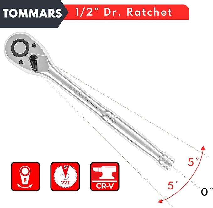 TOMMARS 1/2 inch Drive Ratchet, 72-Tooth Quick-Release Socket Ratchet Wrench Handle Reversible