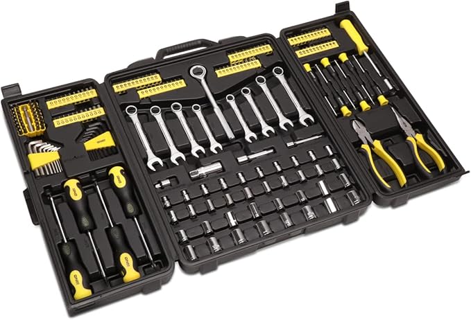 DNA MOTORING 220pcs Mechanic Tool Socket Wrench Set, SAE and Metric Socket Wrench Set, Tool Box Case for Home, Auto and Bike Repair, Yellow, TOOLS-00022