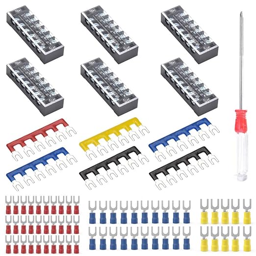 73Pcs(6Sets) Terminal Block Set, 6Pcs 6 Positions 600V 25A Dual Row Screw Terminal Strip Block + 6Pcs Pre-Insulated Terminals Barrier Strip + 60Pcs Insulated Fork Wire Connector by CGele…
