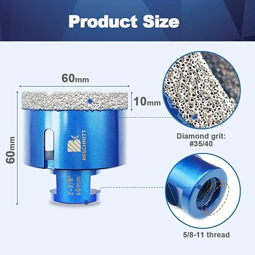 60mm Diamond Core Drill Bit for Porcelain Tile Ceramic Marble Granite Drilling,BRSCHNITT 2pcs Vacuum Brazed Diamond Hole Saw with 5/8-11 Thread (60mm 2pcs)