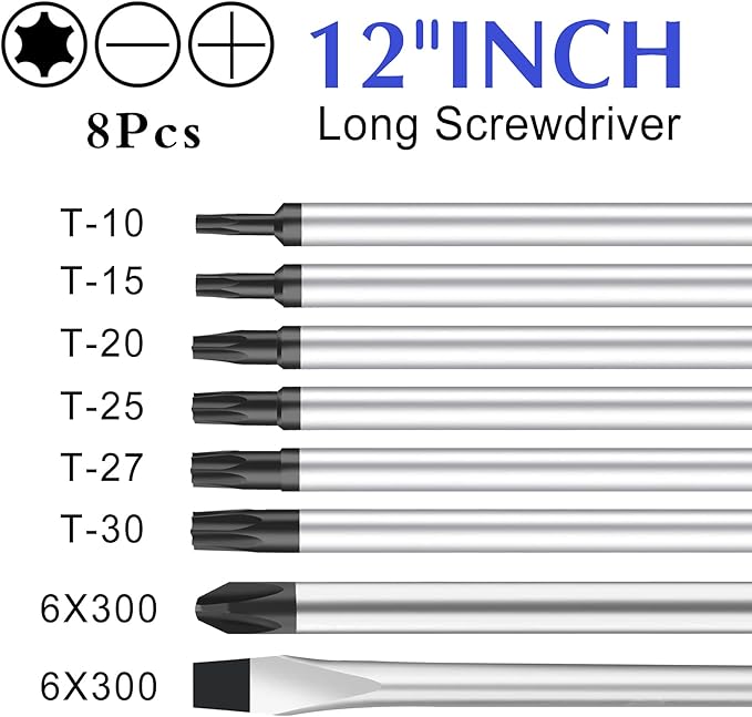 8-Piece Extra Long Torx and Slotted Phillips Screwdriver Set, length 12-inch T10-T30, plus Long star Screwdrivers, PH2 12" Long Cross-head & Flat Blade Screwdriver