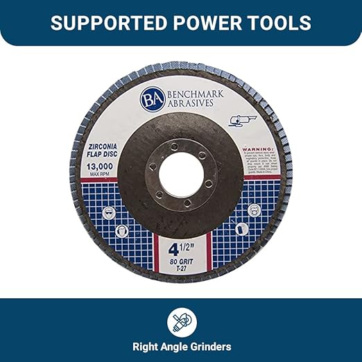 Benchmark Abrasives 4.5" Premium Zirconia Type 27 Flat Flap Discs Grinding Wheels for Sanding Stock Rust Removal Finishing Grinding Deburring Stainless Steel, 7/8" Arbor (100 Pack) - 80 Grit