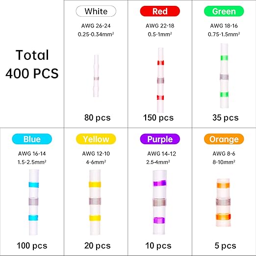 400PCS Solder Seal Wire Connectors, Heat Shrink Butt Connectors Solderstick Solder Stick Waterproof Wire Electrical Connector Kit for Marine Automotive Boat Truck Wire Joint (26-6 Gauge)