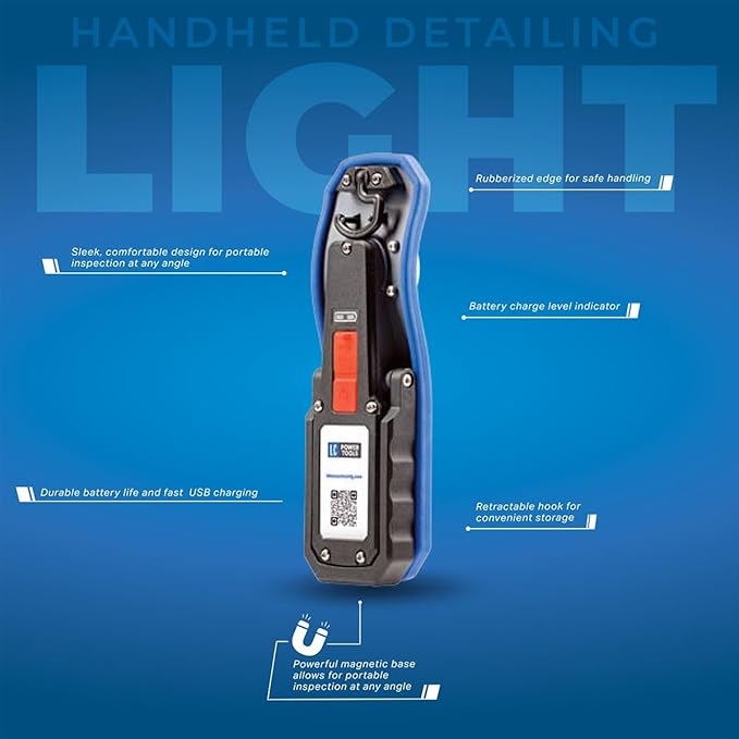 Lake Country Paint Inspection Light – Detailing LED Light w/Retractable Hook, Flip-Out Magnetic Base and Charging Cable - 1350 Lumens