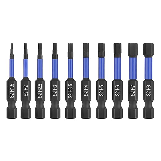 HPHOPE Impact Hex Head Allen Wrench Drill Bit Set 10 Pcs - Metric, S2 Steel Hex Bits Set, 1/4” Hex Shank with Magnetism, 50mm Long with Storage Box.