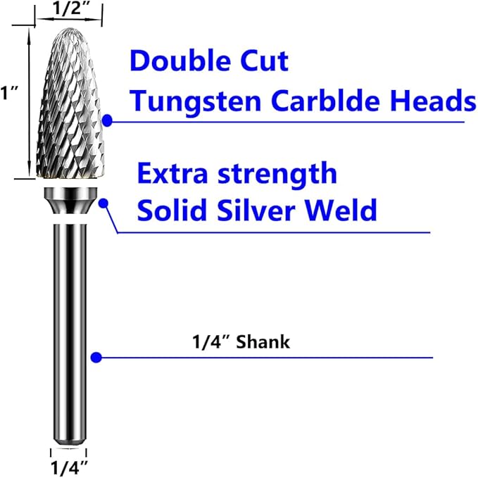 SF-5 Tungsten Carbide Burr Set Double Cut Rotary Burrs File(1/2” Cutter Dia X 1”Cutter Length) with 1/4'' (6.35mm) Shank for Die Grinder Drill Bits (Pack of 5)…