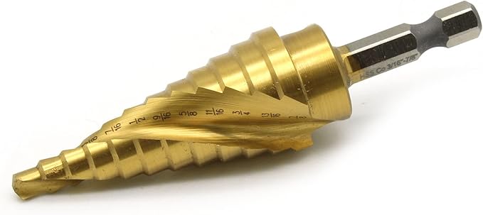 TEMO M35 Cobalt Spiral Flute Step Drill with Titanium Coating, 12 Sizes 3/16 Inch (4.8 mm) to 7/8 Inch (22.2 mm), 1/4 Inch Hex Shank