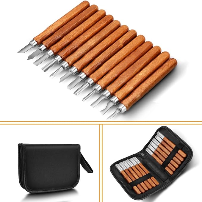 Wood Carving Tools, Adevena 12 set SK2 Carbon Steel Sculpting Knife Kit for Beginners & Professions