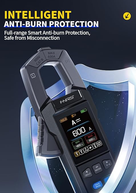 【Newly Upgraded】 FNRSI DMC-100 10000-Count True RMS Clamp Meter, 600A AC/DC Current & 750V Voltage Tester, NCV Detection, Temperature, Color Screen with Waveform, Power Meter, Type-C Rechargeable