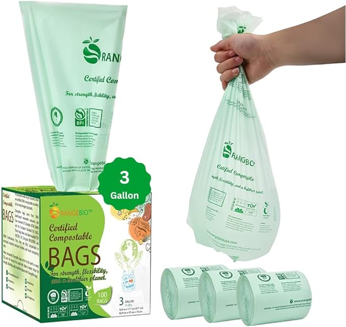 3 Gallon Compostable Trash Bags, 100 Count, Food Grade, Plant-based, Biodegradable, Leak-proof, Tear-resistant, Dishwasher Safe