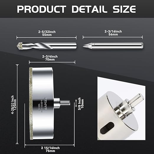 4-29/32inch | 125mm Diamond Hole Saw with Center Drill bit and Diamond-Coated Center Drill bit for Ceramic Glass Marble Fiberglass Granite and Porcelain Tiles by CENYB