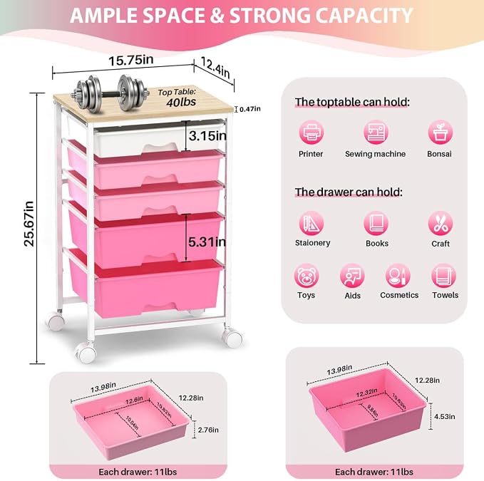 Goovilla Rolling Cart with Drawers, Utility Cart Organizer with 5 Removable - Image 2
