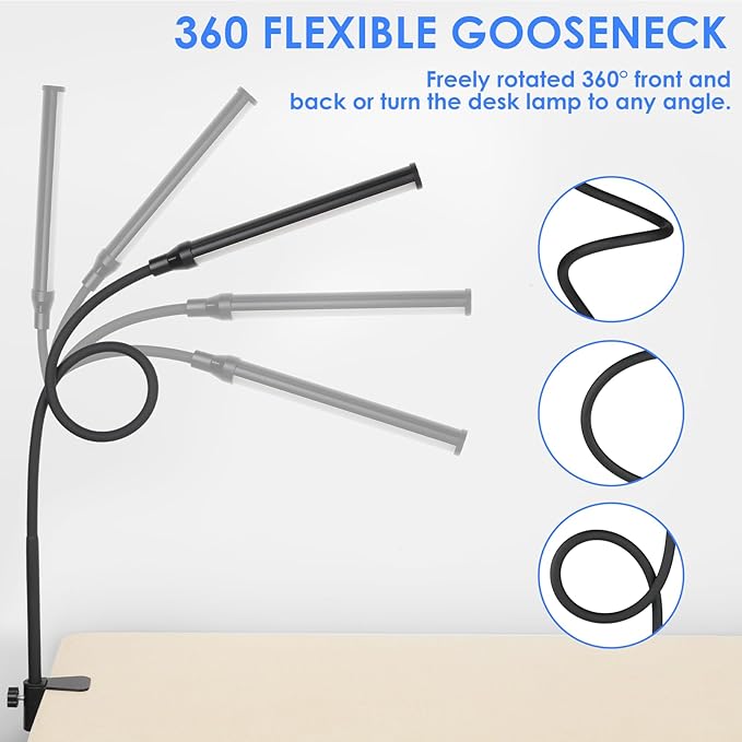 ShineTech LED Desk lamp with Clamp, 5000K Daylight White 11 Brightness Level Eye-Caring Clip Lights for Home Office, Flexible Gooseneck USB Adapter, Black