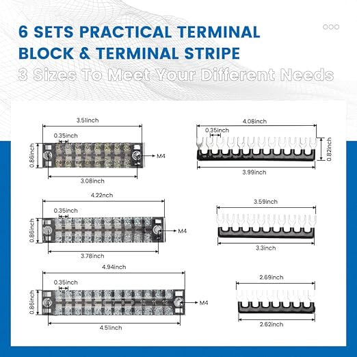 6 Sets Terminal Blocks, 6Pcs 8/10/12 Positions 600V 15A Dual Row Screw Terminal Strip Block + 6Pcs Pre-Insulated Terminals Barrier Strip + 60Pcs Insulated Fork Wire Connector…