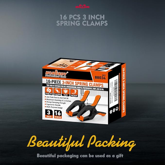 HORUSDY 16-Pack Spring Clamps Heavy Duty, 3-inch Mini Clamps for Crafts with 1-5/8 Inch Jaw Opening for DIY, Gluing, Clamping and Securing