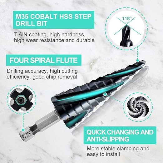 Cobalt Step Drill Bit Set - 3pcs 1/4"-3/4" 1/8"-1/2" 3/16"-7/8" Four Spiral Flute Step Drill Bit M35 with Impact Ready Unibit for Stainless Steel Metal Aluminium Copper Wood Plastic