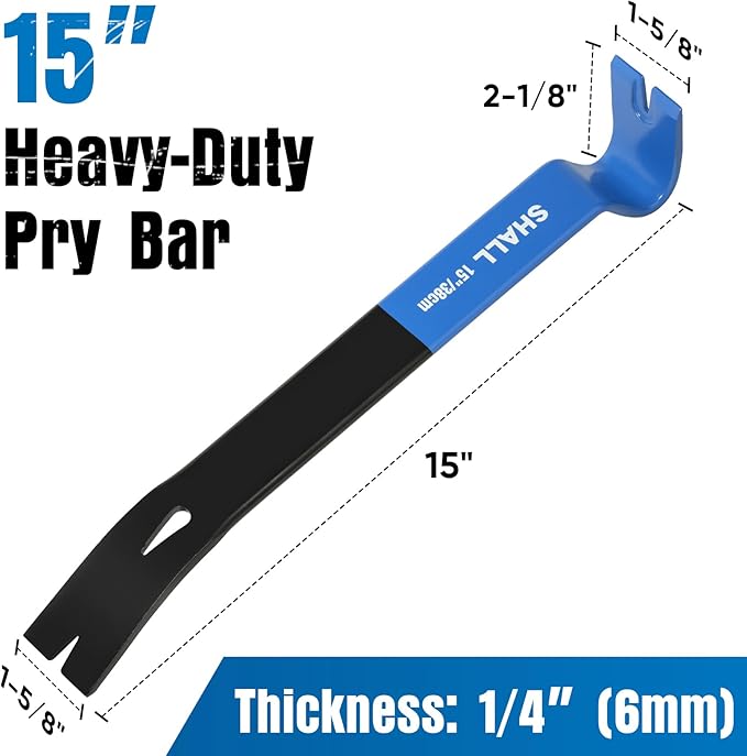 SHALL 15'' Flat Pry Bar, Heavy-Duty Nail Puller Crowbar, High-Carbon Steel Utility Claw Bar, Wonder Bar, Corrosion Resistant Nail Remover Pry Tool for Baseboard Removal, Home Remolding & Woodworking
