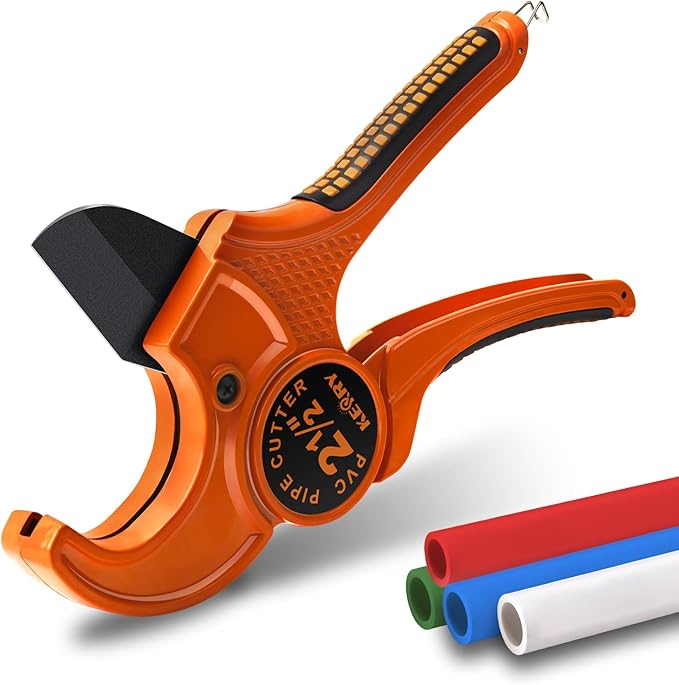 Kerry PVC Pipe Cutter with SK5 Blade, Outer Diameter Up to 2-1/2" Ratcheting Heavy-Duty PEX POLY PE PPR Plastic Hoses and Plumbing Tube Cutting Tool, Thicken Aluminum Body Efficient Extended Handle