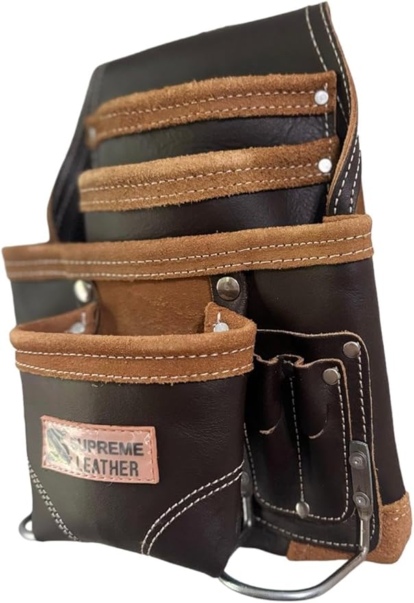 Supreme Leather Tool Pouch for Construction Carpenter Tool Bag Electrician's Pouch | 10 Pockets 2 Stainless Steel Hammer Holders Top Grain Leather Bag