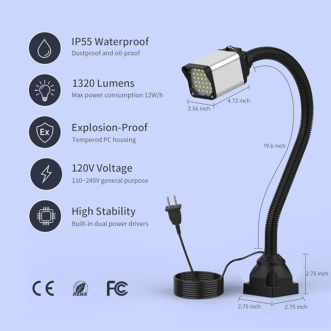 LED lathe Work Light, 20in Flexible GooseneckLamp with 28LEDs, 1200 Lumen Machine Light for Lathe CNc Milling Drill Press Sewing Machine Industrial Lighting, 120V(Base with 4screw holes)