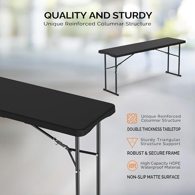 VINGLI 6 FT Narrow Folding Table, Tabletop Folded in Half, Home Work - Image 3