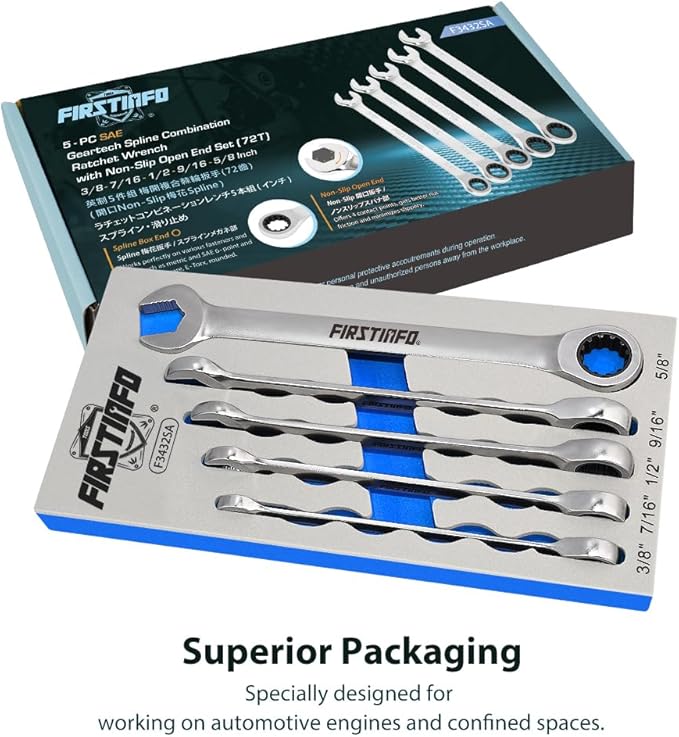 FIRSTINFO F3432SA Taiwan SAE Spline Box End Ratcheting Combination Wrench Set, Spanners with Anti-Slip V-Groove Open End | 5-piece | 72T | Lightweight | Mechanics Tray