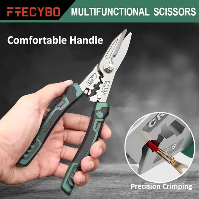 Heavy Duty Industrial Scissors 8.5'', Utility Sharp Aviation Tin Snips, Finely Serrated CR-V Blades with Safety Lock, for Cutting Wires, Cardboard, Plastic, Carpet, Metal Sheet