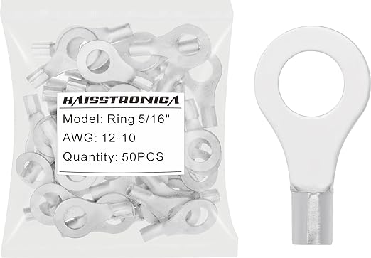 haisstronica 50pcs 5/16" Ring Terminals,AWG 12-10 Brazed Seam Non-Insulated Copper Wire Connectors
