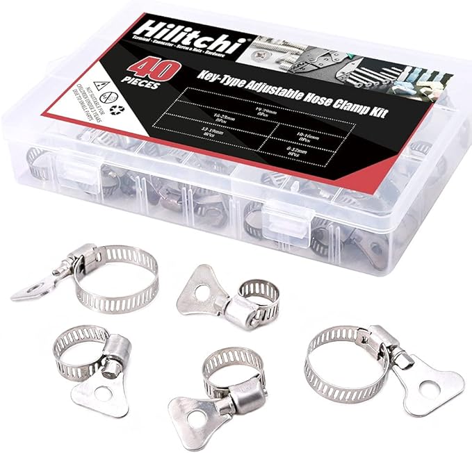 Hilitchi 40-Pcs 8-29mm Clamping Range Butterfly Key-Type Adjustable Hose Pipe Worm Gear Clamps Assortment Kit, Clamps Ideal for Plumbing, Automotive - - 304 Stainless Steel