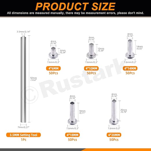251Pcs 5 Sizes M4 Aluminum Flat Head Semi Tubular Rivets Assortment Kit with Punch, Partial Hole Tubular Rivets Round Flat Head Semi Tubular Rivet Silver Tone for Household Industry Repairing