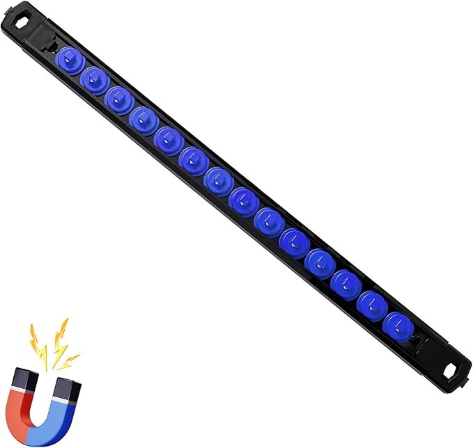 Magnetic Socket Organizer, 1-Piece Heavty Duty ABS Socket Holder, Socket Rail for Tool Box, Premium Quality 360° Swivel Socket Rack with 14 Clips for 1/4-Inch(Blue)