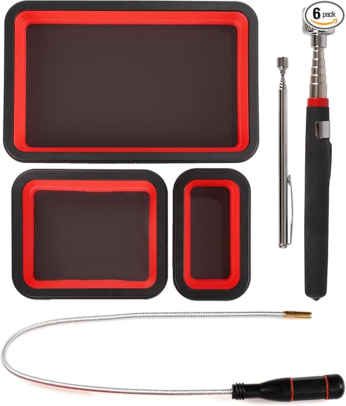 6 Pack Collapsible Magnetic Tray & Telescoping Magnetic Pickup Tool, 3 Different Size Magnetic Parts Tray for Organizing Screws, Bolts, Nuts, Washers, Pins, and Other Small Metal Parts