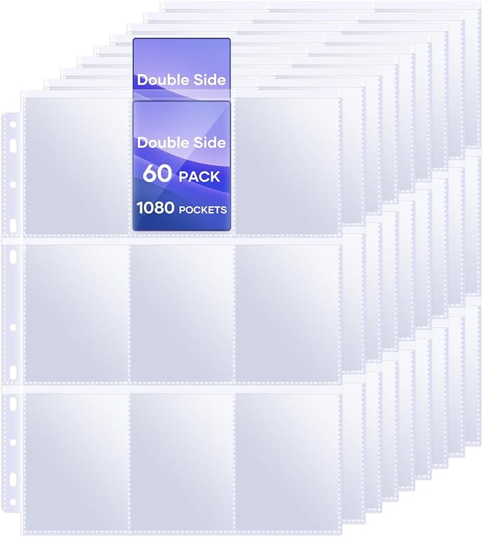 TiopLior 60 Pack Sheet Protectors, 9 Pocket Double Sided Card Sleeves Page by TiopLior