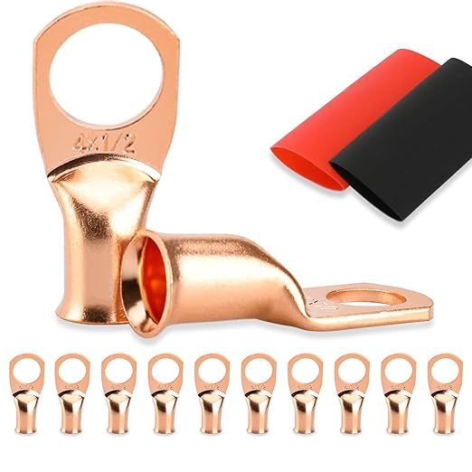 10PCS Battery Cable Ends, 4 Gauge Wire Connectors 1/2 Copper Wire Lugs, Bare Copper Eyelets with Heat Shrink Tubing by HOUSUN