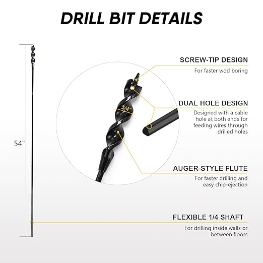 HANSHAN Flexible Installer Drill Bit 54 x 3/4×1/4-Inch Fish Bit for Pulling Wire Through Tight Spaces with Minimal Damage -1 Pack