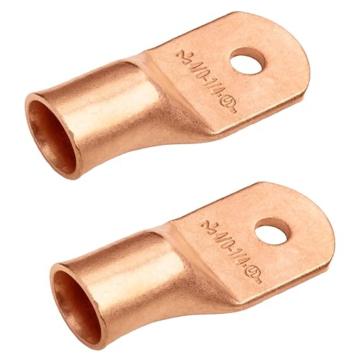 SELTERM 2pcs 4/0 AWG 1/4" Stud Copper Wire Lugs, Ring Terminals, Battery Cable Ends, 0000 Gauge Ring Terminal Connectors, UL Heavy Duty Bare Copper Eyelets Battery Terminal Connectors
