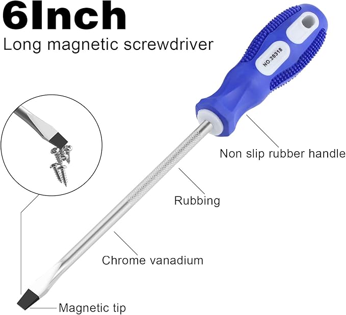 Slotted and Phillips Screwdriver PH2 6" long Cross-head & Flat Blade, 2 Packs Magnetic Screwdriver with Rubber Handle, With Magnetizer/Demagnetizer Tool