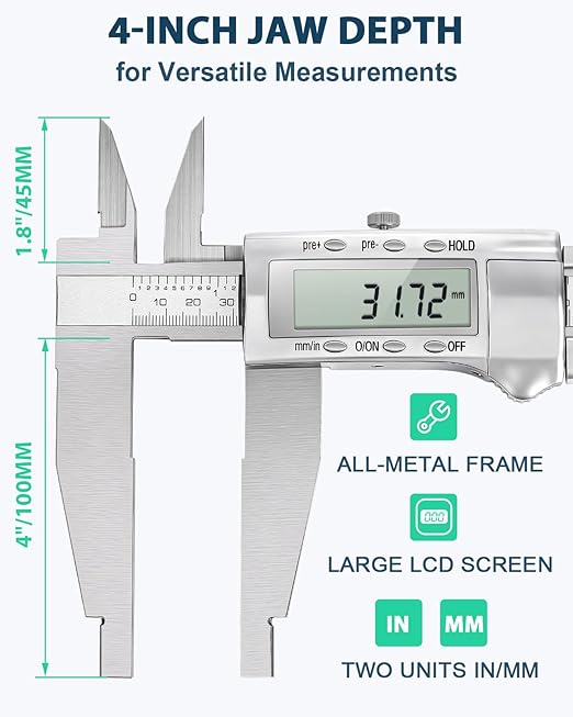 12-Inch Digital Caliper with 4-Inch Jaw Depth, Precision Measuring Tool, Full Metal Frame, Large LCD Screen, Resolution 0.0005"/0.01mm, Ideal for Professionals & Hobbyists
