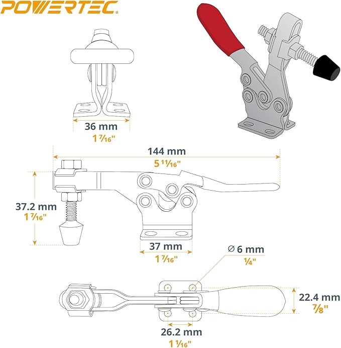 POWERTEC 4PK Toggle Clamp, 300 lbs Holding Capacity, 201B Quick Release Horizontal Clamps w/Antislip Rubber Pressure Tip for Woodworking Jigs and Fixtures, Welding, Drill Press, Crosscut Sled (20327)