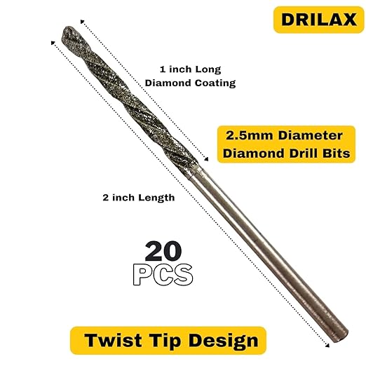 Drilax 20-Pc 2.5mm Diamond Drill Bit Set | Dremel Compatible with 1 Collet | for Glass, Sea Glass, Gems & Jewelry