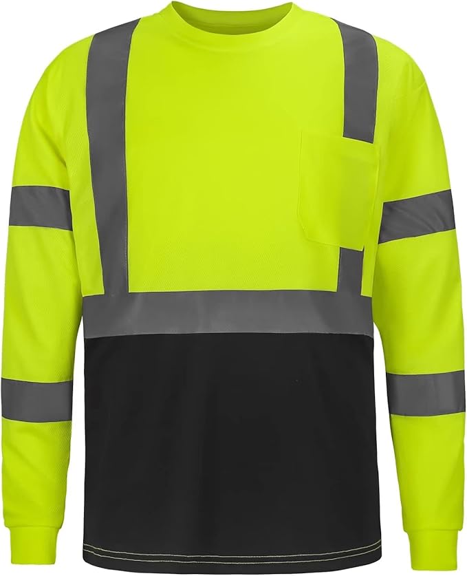 High Visibility Class 3 T Shirts，Hi Vis Safety Shirts with Reflective Strips and Pocket, Long Sleeve Quick Dry Mesh Construction Work Shirt for Men/Women Black Bottom Lime，XL