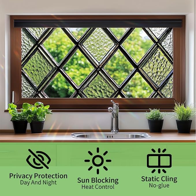 Diamond Grid Privacy Window Film 17.71x39.97 Inch Textured Green Glass Look - Image 2