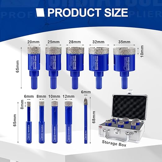 SHDIATOOL 10-Piece Diamond Core Drill Bit Set, 6/8/10/12/20/25/28/32/35mm for Porcelain, Marble, Ceramic, Granite – Tile Drilling Hole Saw Kit with 1/4" Carbide Positioning Drill Bit