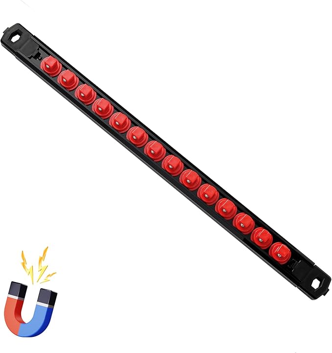 Magnetic Socket Organizer, 1-Piece Heavty Duty ABS Socket Holder, Socket Rail for Tool Box, Premium Quality 360° Swivel Socket Rack with 14 Clips for 3/8-Inch(Red)