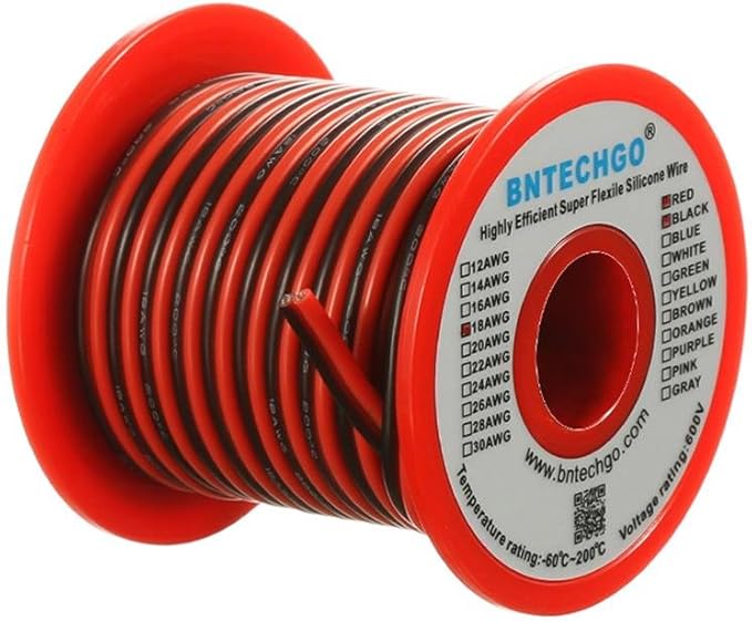 BNTECHGO 18 Gauge Flexible 2 Conductor Parallel Silicone Wire Spool Red Black High Resistant 200 deg C 600V for Single Color LED Strip Extension Cable Cord,Model,25ft Stranded Tinned Copper Wire