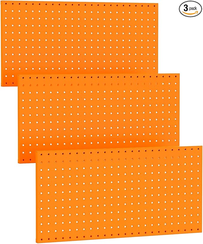 TORACK 3Pcs Metal Pegboard Panels(12x24 inch) for Wall Garage Tools Storage Pegboard for Workbench, Modular Peg Board Tool Organizer Board Kit(Pack of 3, Orange)