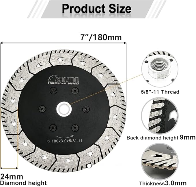 SHDIATOOL 7 Inch Granite Turbo Cutting Blades Two-in-One Design Cut Grind Sharpen Marble Concrete and Bricks