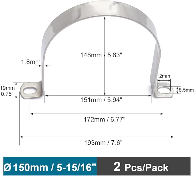 OD 5-15/16" Conduit Clamps 304 SS 2-holes Pipe Bracket U Clamp, Tube Clamp for Large Cable/Pipe, Heavy Duty Strap Clamps | OD 5-15/16" | 2 pcs